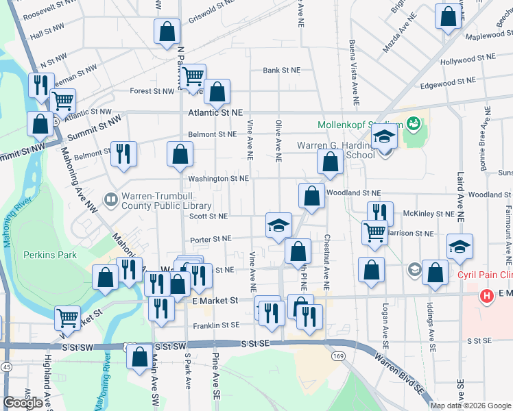 map of restaurants, bars, coffee shops, grocery stores, and more near 428 Vine Avenue Northeast in Warren