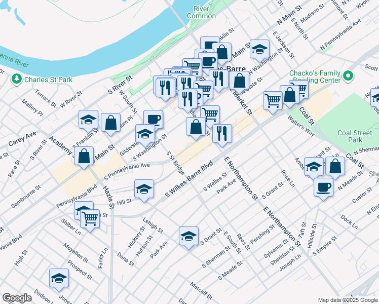map of restaurants, bars, coffee shops, grocery stores, and more near 130 S Pennsylvania Ave in Wilkes-Barre
