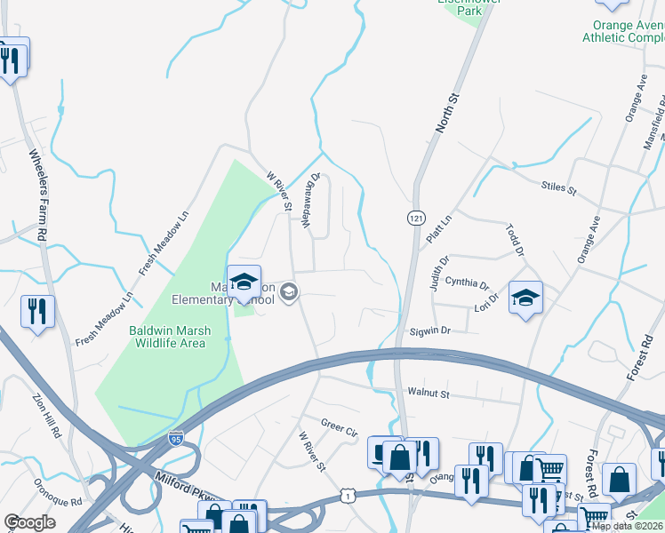 map of restaurants, bars, coffee shops, grocery stores, and more near 15 Valery Court in Milford