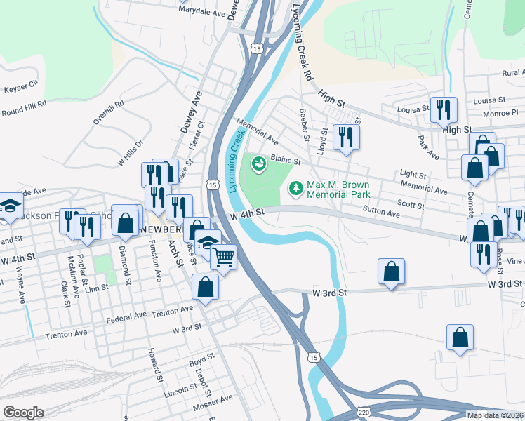 map of restaurants, bars, coffee shops, grocery stores, and more near State Route 2014 in Williamsport