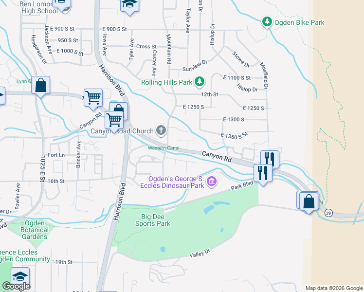 map of restaurants, bars, coffee shops, grocery stores, and more near 1450 Canyon Road in Ogden