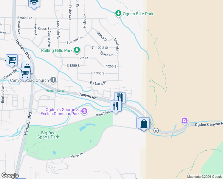 map of restaurants, bars, coffee shops, grocery stores, and more near 1695 East 1425 South in Ogden