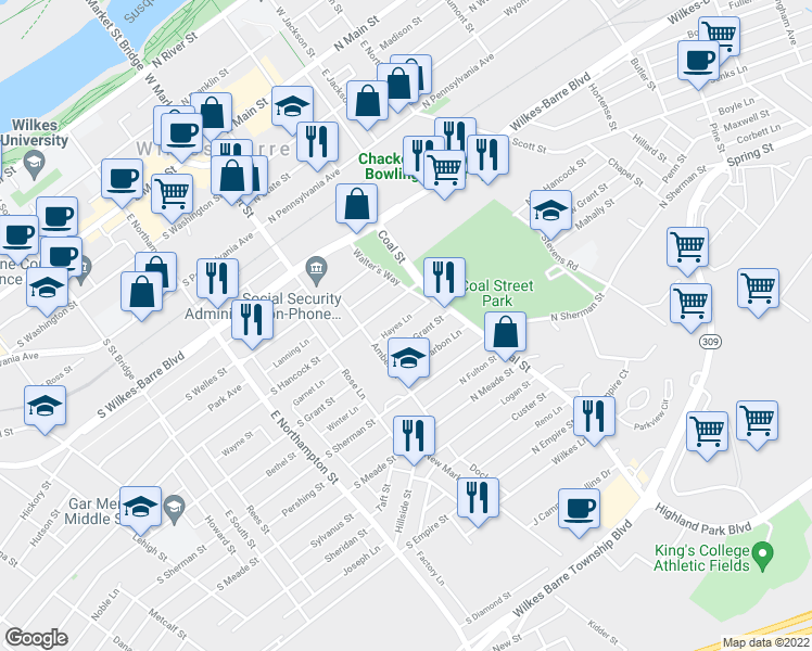 map of restaurants, bars, coffee shops, grocery stores, and more near 43 Hayes Lane in Wilkes-Barre