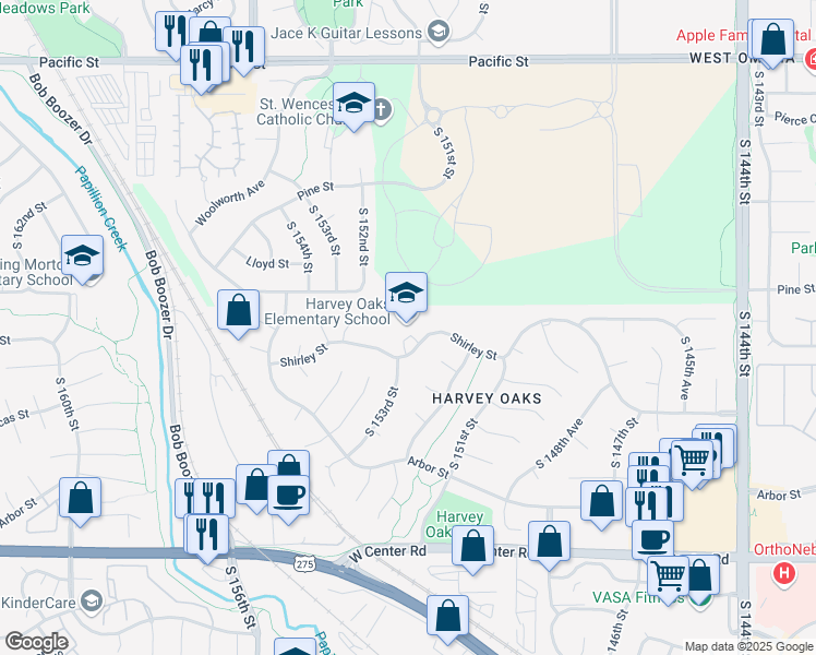 map of restaurants, bars, coffee shops, grocery stores, and more near 15228 Shirley Street in Omaha