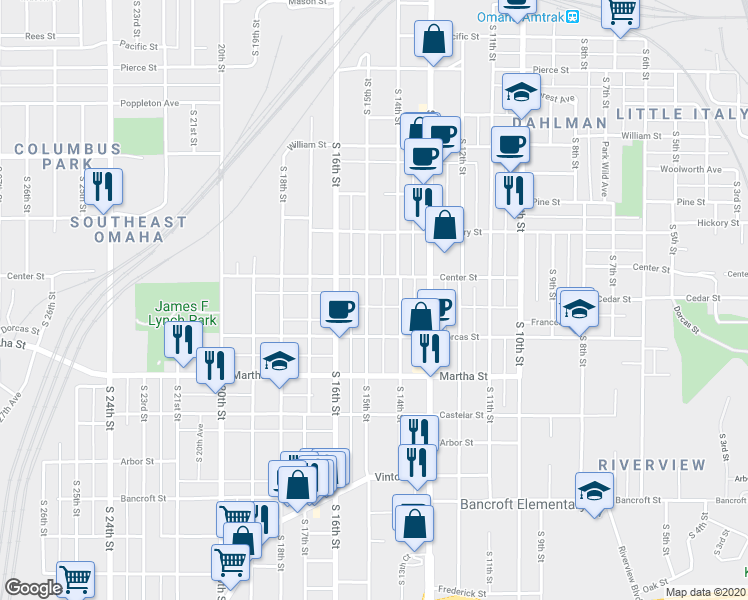 map of restaurants, bars, coffee shops, grocery stores, and more near 1923 South 15th Street in Omaha