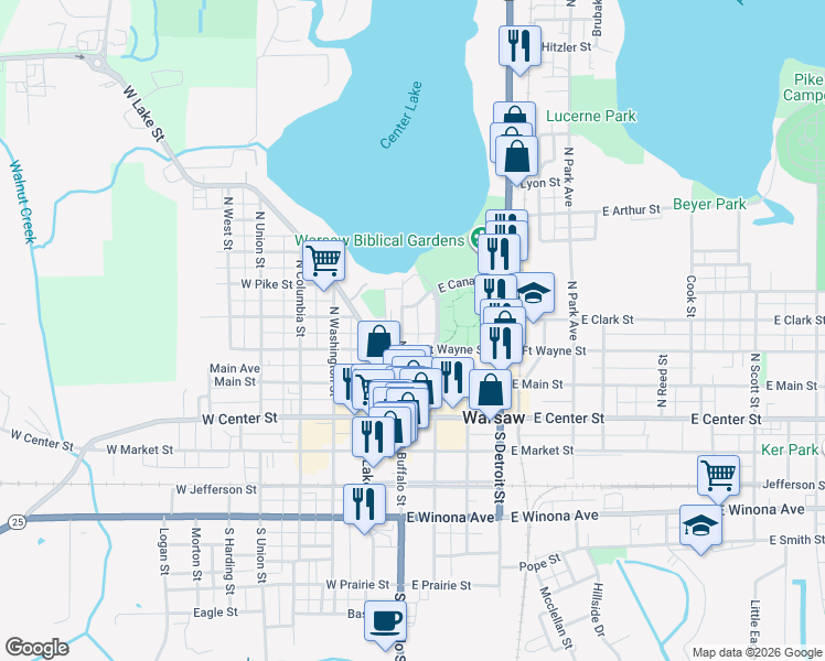 map of restaurants, bars, coffee shops, grocery stores, and more near 307 North Indiana Street in Warsaw