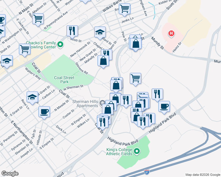 map of restaurants, bars, coffee shops, grocery stores, and more near 138 Stevens Road in Wilkes-Barre