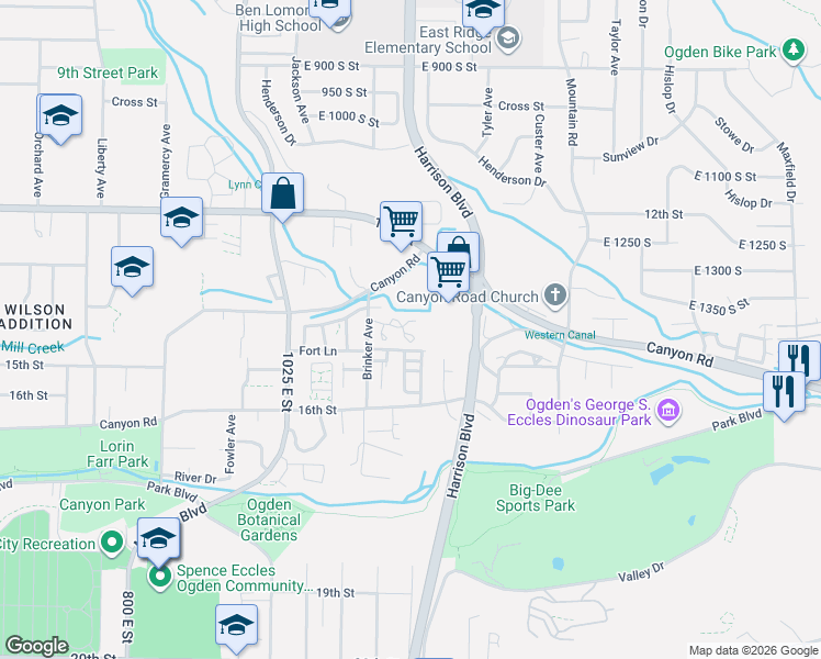 map of restaurants, bars, coffee shops, grocery stores, and more near 1428 South 1195 East in Ogden