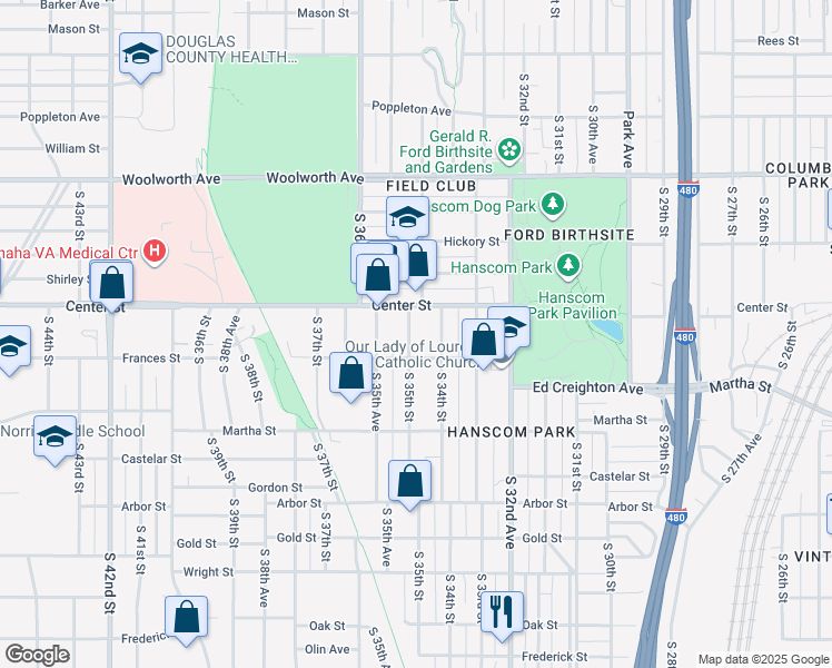 map of restaurants, bars, coffee shops, grocery stores, and more near 1919 South 35th Street in Omaha