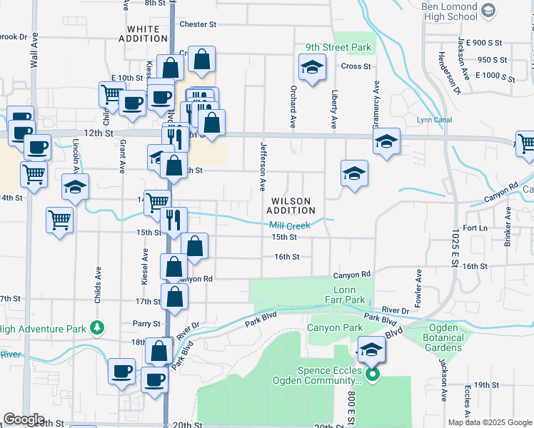 map of restaurants, bars, coffee shops, grocery stores, and more near 1424 Jefferson Avenue in Ogden