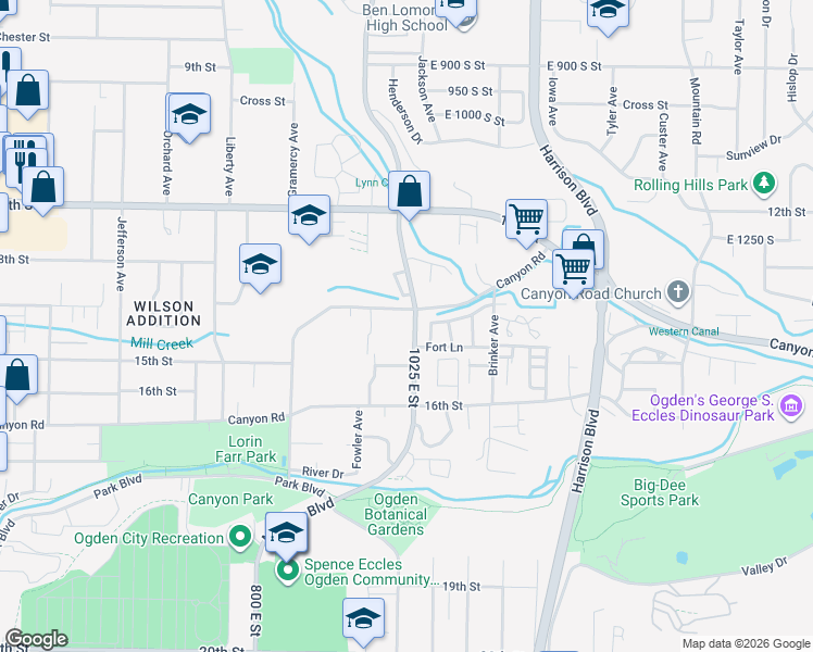 map of restaurants, bars, coffee shops, grocery stores, and more near 1014 Creekside Drive in Ogden
