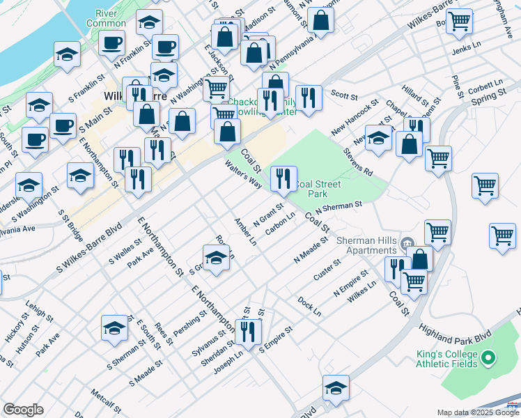 map of restaurants, bars, coffee shops, grocery stores, and more near 43 Hayes Lane in Wilkes-Barre