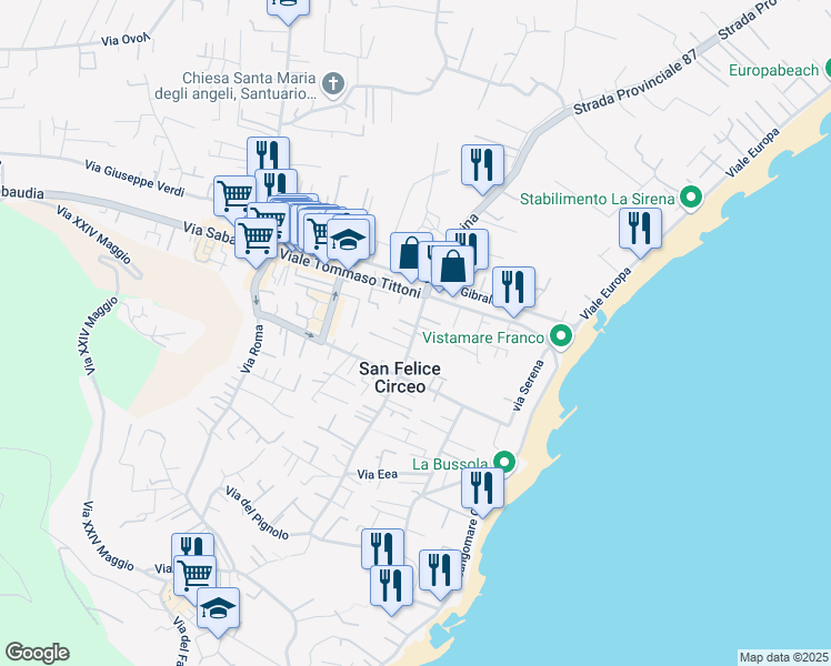 map of restaurants, bars, coffee shops, grocery stores, and more near 126 Viale Alcide de Gasperi in San Felice Circeo
