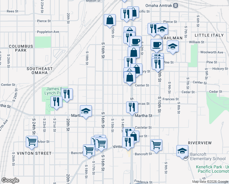 map of restaurants, bars, coffee shops, grocery stores, and more near 1913 South 15th Street in Omaha