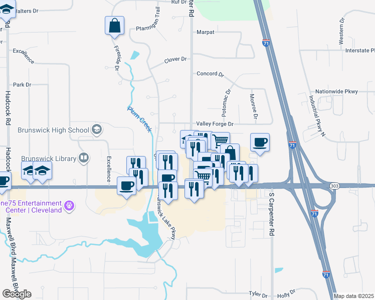 map of restaurants, bars, coffee shops, grocery stores, and more near 1300 North Carpenter Road in Brunswick