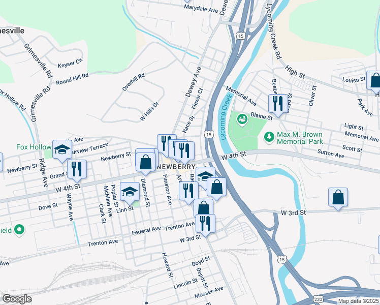 map of restaurants, bars, coffee shops, grocery stores, and more near 918 Race Street in Williamsport