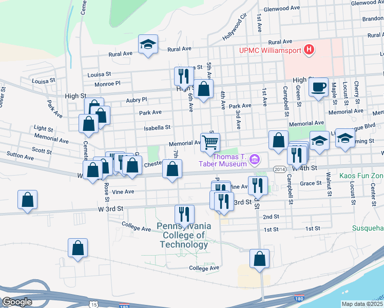 map of restaurants, bars, coffee shops, grocery stores, and more near 510 6th Avenue in Williamsport