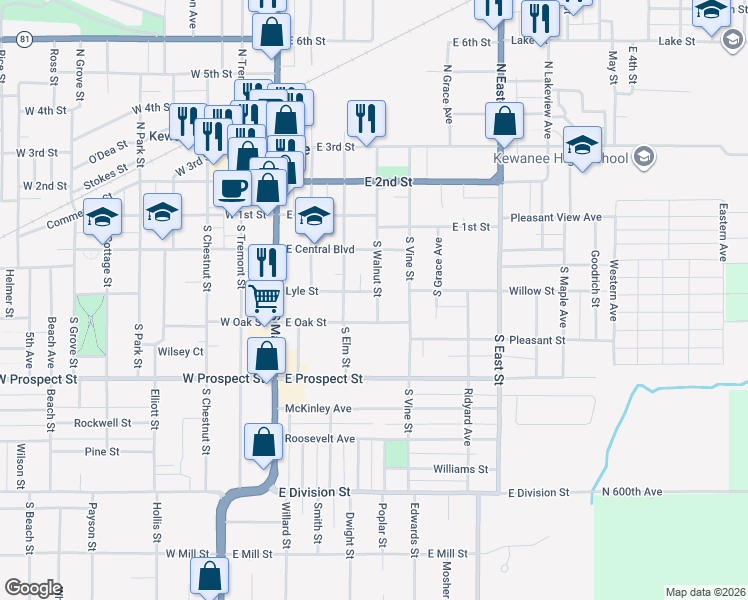 map of restaurants, bars, coffee shops, grocery stores, and more near 284-298 South Walnut Street in Kewanee
