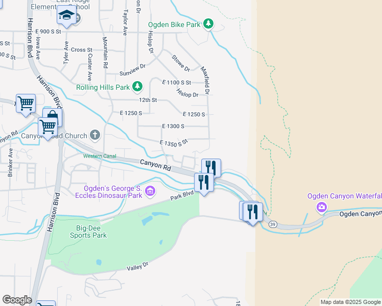 map of restaurants, bars, coffee shops, grocery stores, and more near 1643 East 1350 South Street in Ogden
