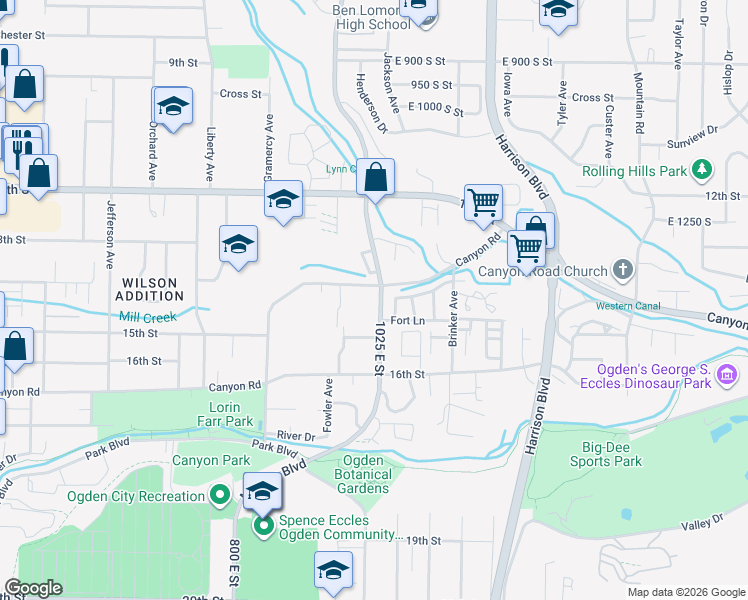 map of restaurants, bars, coffee shops, grocery stores, and more near 1014 Creekside Drive in Ogden