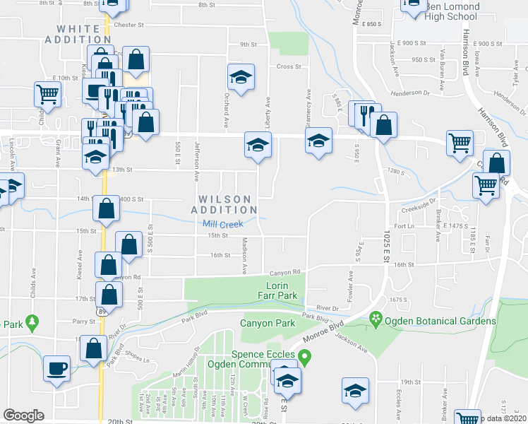 map of restaurants, bars, coffee shops, grocery stores, and more near 766 15th Street in Ogden