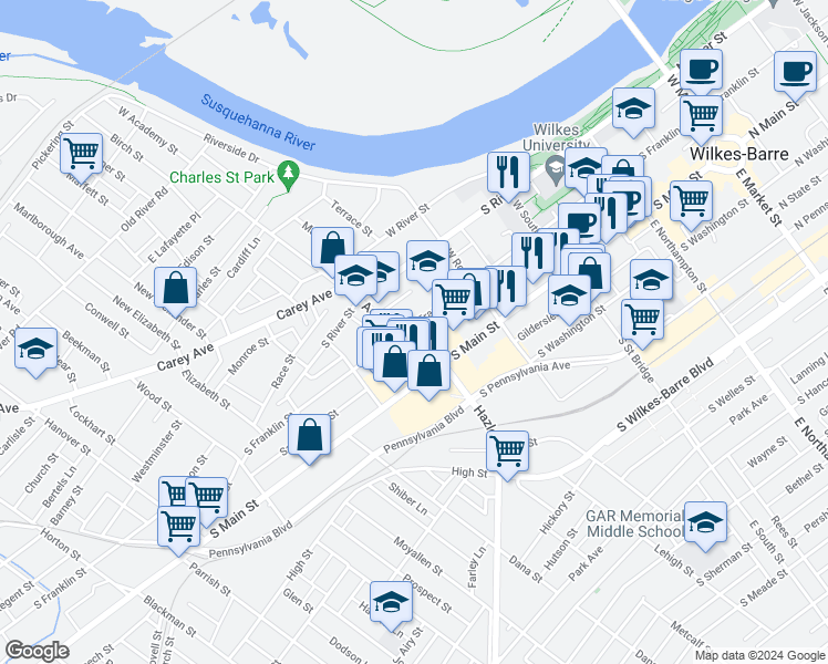 map of restaurants, bars, coffee shops, grocery stores, and more near 375 South Franklin Street in Wilkes-Barre