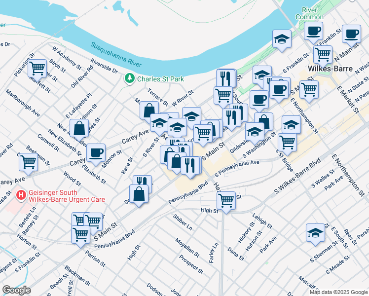 map of restaurants, bars, coffee shops, grocery stores, and more near 375 South Franklin Street in Wilkes-Barre