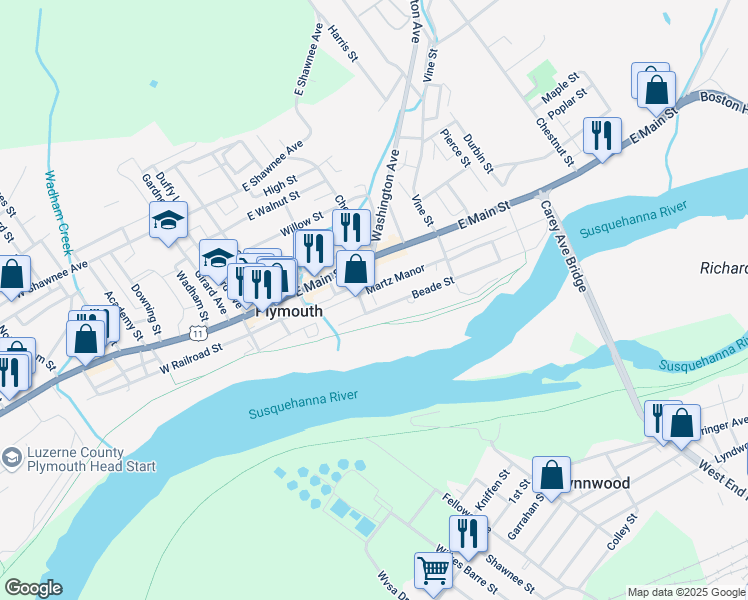 map of restaurants, bars, coffee shops, grocery stores, and more near 222 Beade Street in Plymouth