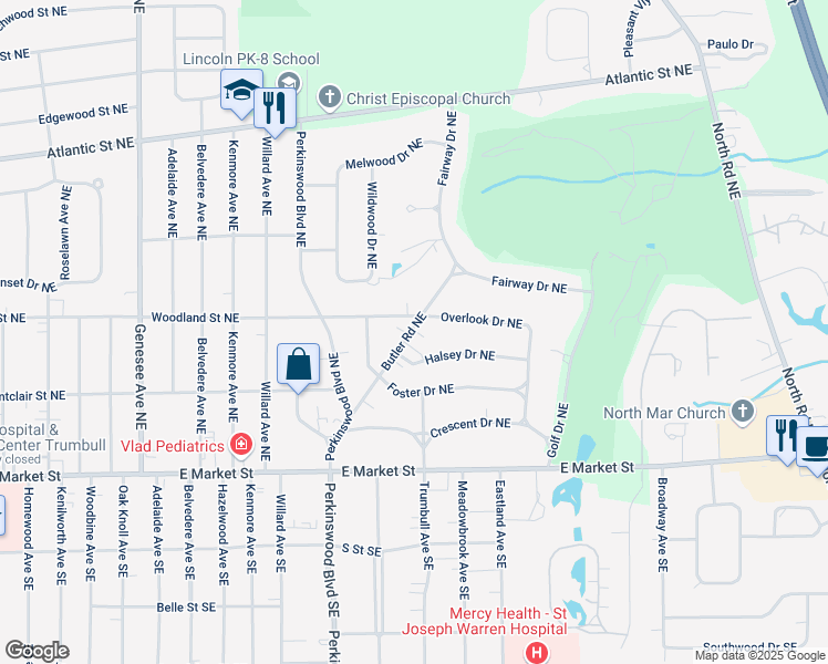 map of restaurants, bars, coffee shops, grocery stores, and more near 2848 Woodland Street Northeast in Warren