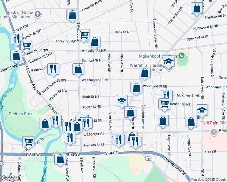 map of restaurants, bars, coffee shops, grocery stores, and more near 465 Vine Avenue Northeast in Niles
