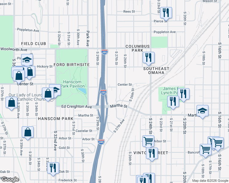 map of restaurants, bars, coffee shops, grocery stores, and more near 1908 South 27th Street in Omaha