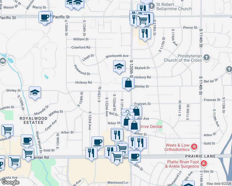 map of restaurants, bars, coffee shops, grocery stores, and more near 12214 Shirley Street in Omaha