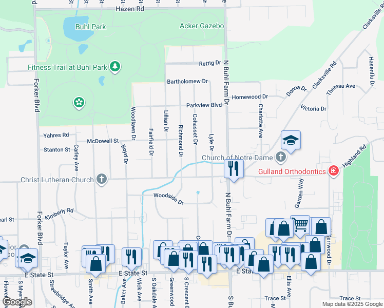 map of restaurants, bars, coffee shops, grocery stores, and more near 545 Cohasset Drive in Hermitage
