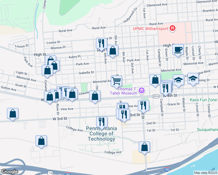 map of restaurants, bars, coffee shops, grocery stores, and more near 510 6th Avenue in Williamsport