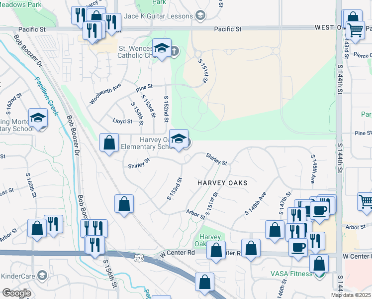 map of restaurants, bars, coffee shops, grocery stores, and more near 15228 Shirley Street in Omaha