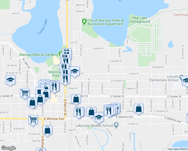 map of restaurants, bars, coffee shops, grocery stores, and more near 715 East Clark Street in Warsaw