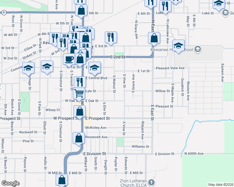 map of restaurants, bars, coffee shops, grocery stores, and more near 284-298 South Walnut Street in Kewanee