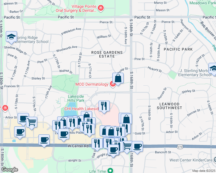 map of restaurants, bars, coffee shops, grocery stores, and more near 16924 Frances Street in Omaha