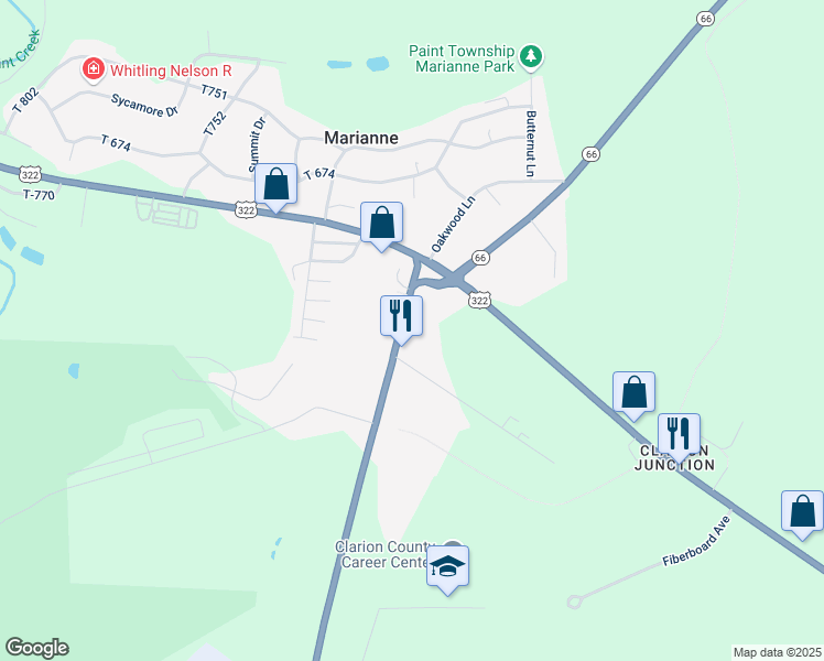 map of restaurants, bars, coffee shops, grocery stores, and more near 21158 Paint Boulevard in Shippenville