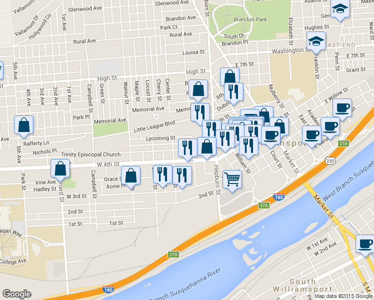 map of restaurants, bars, coffee shops, grocery stores, and more near 431 West Edwin Street in Williamsport