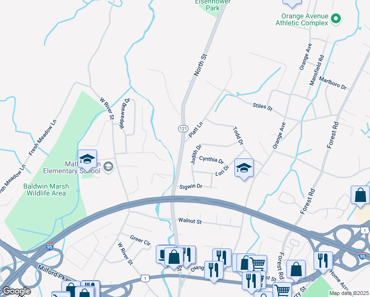 map of restaurants, bars, coffee shops, grocery stores, and more near 431 Connecticut 121 in Milford