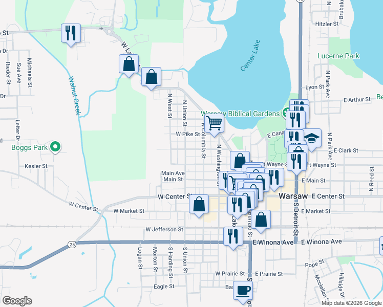 map of restaurants, bars, coffee shops, grocery stores, and more near 421 West Porter Street in Warsaw