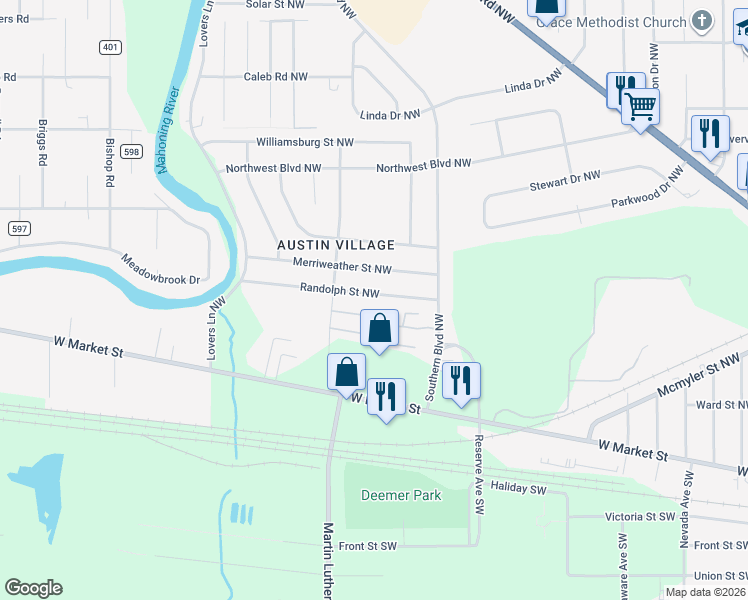 map of restaurants, bars, coffee shops, grocery stores, and more near 2845 Randolph Street Northwest in Warren