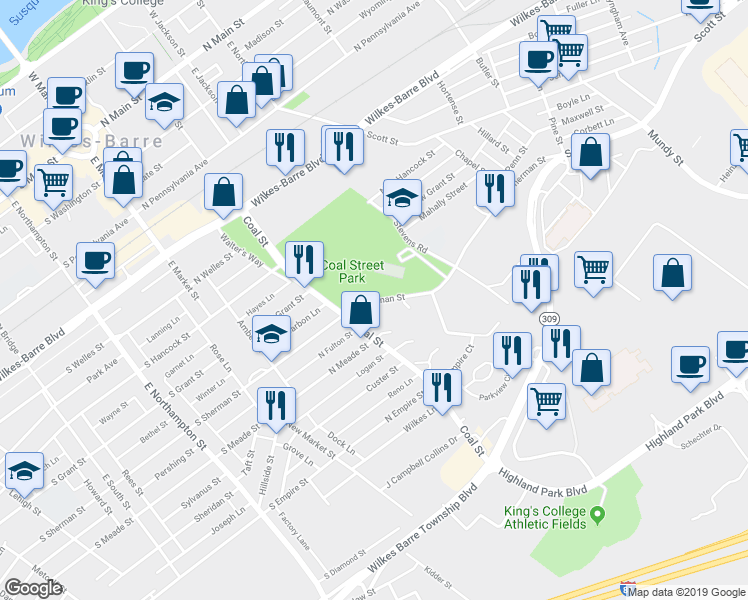 map of restaurants, bars, coffee shops, grocery stores, and more near 120 North Sherman Street in Wilkes-Barre