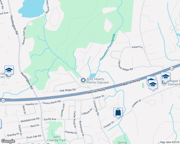 map of restaurants, bars, coffee shops, grocery stores, and more near 293 Circle Drive in Stratford