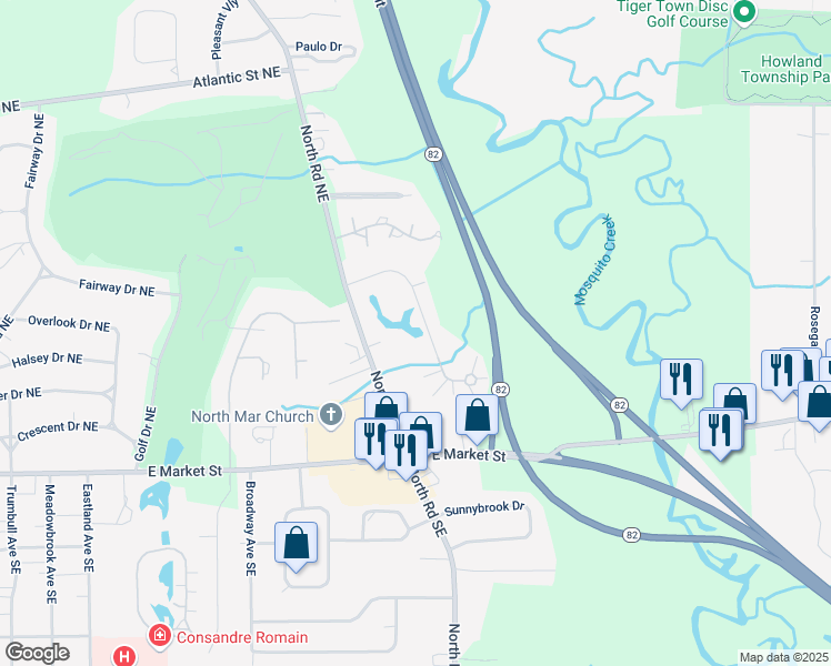 map of restaurants, bars, coffee shops, grocery stores, and more near 491 Quarry Lane Northeast in Warren