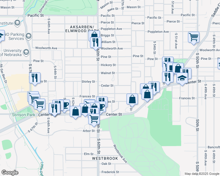 map of restaurants, bars, coffee shops, grocery stores, and more near 5815 Cedar Street in Omaha