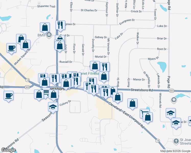 map of restaurants, bars, coffee shops, grocery stores, and more near 1513 Ohio 303 in Streetsboro