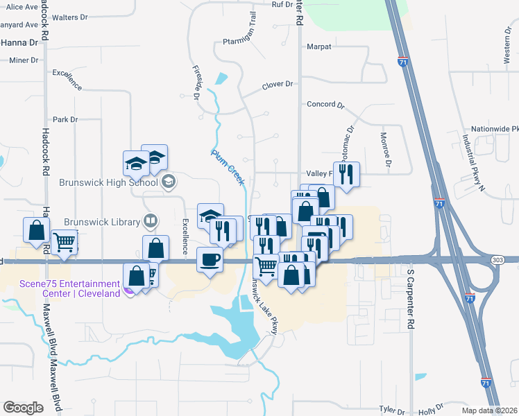 map of restaurants, bars, coffee shops, grocery stores, and more near 1269 Old Eagle Drive in Brunswick