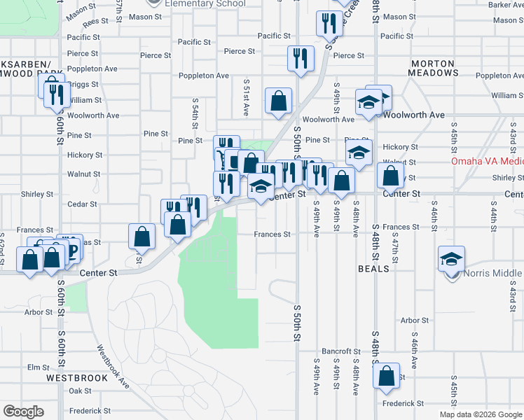 map of restaurants, bars, coffee shops, grocery stores, and more near 5071 Center Street in Omaha